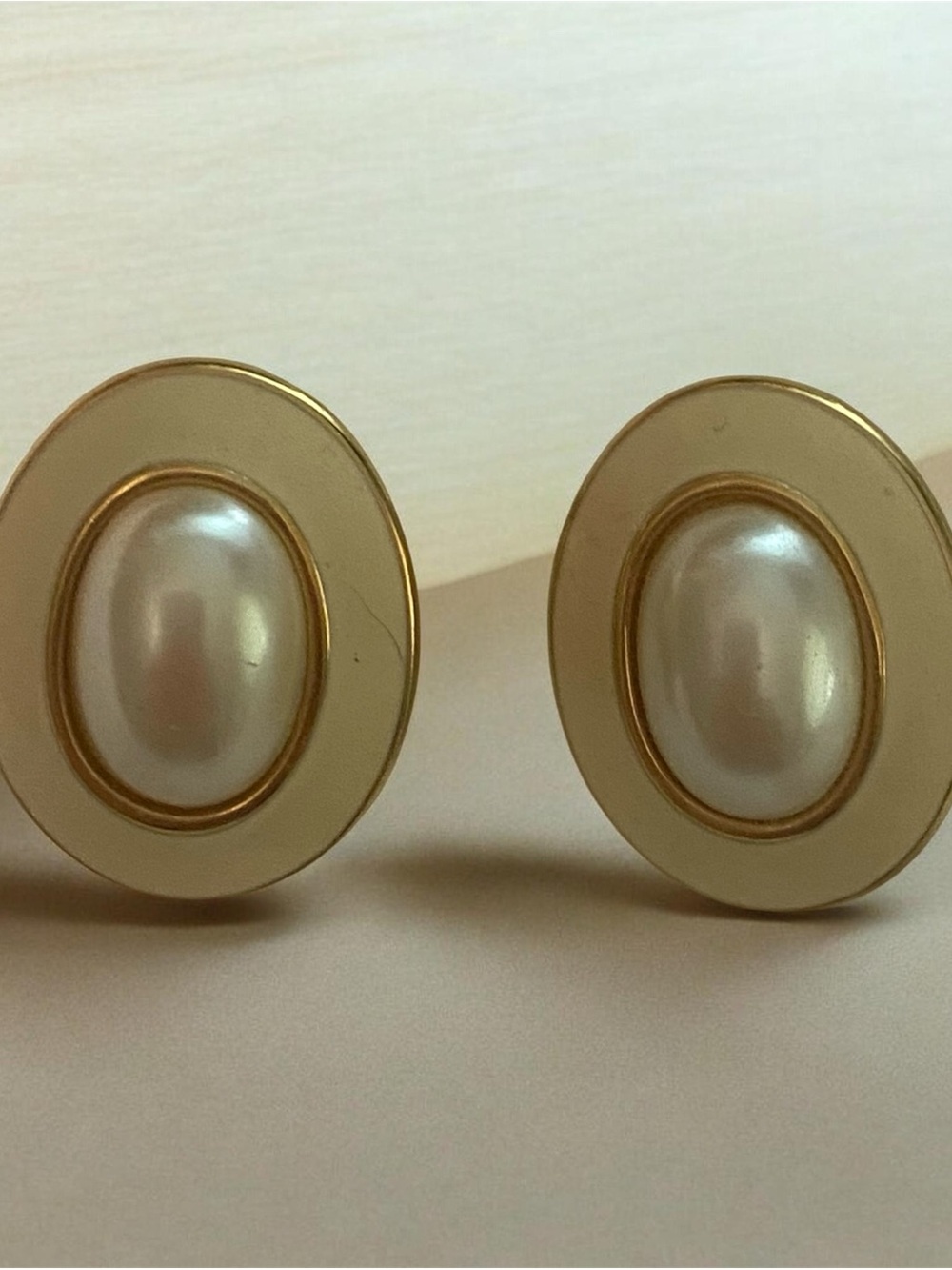 Classic Vintage Monet Pearl Center Cream Enamel Gold-Tone Oval Clip Earrings